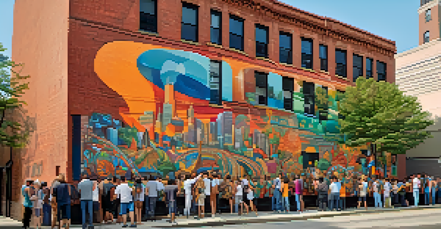 Artists painting a vibrant public mural on a brick building in Chicago, showcasing bold colors and intricate designs, with onlookers admiring.