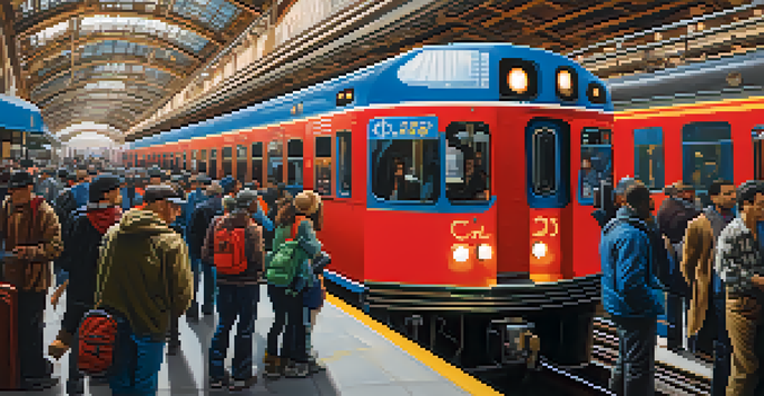 A busy Chicago 'L' train station with diverse commuters, vibrant graffiti, and a colorful arriving train under natural light.