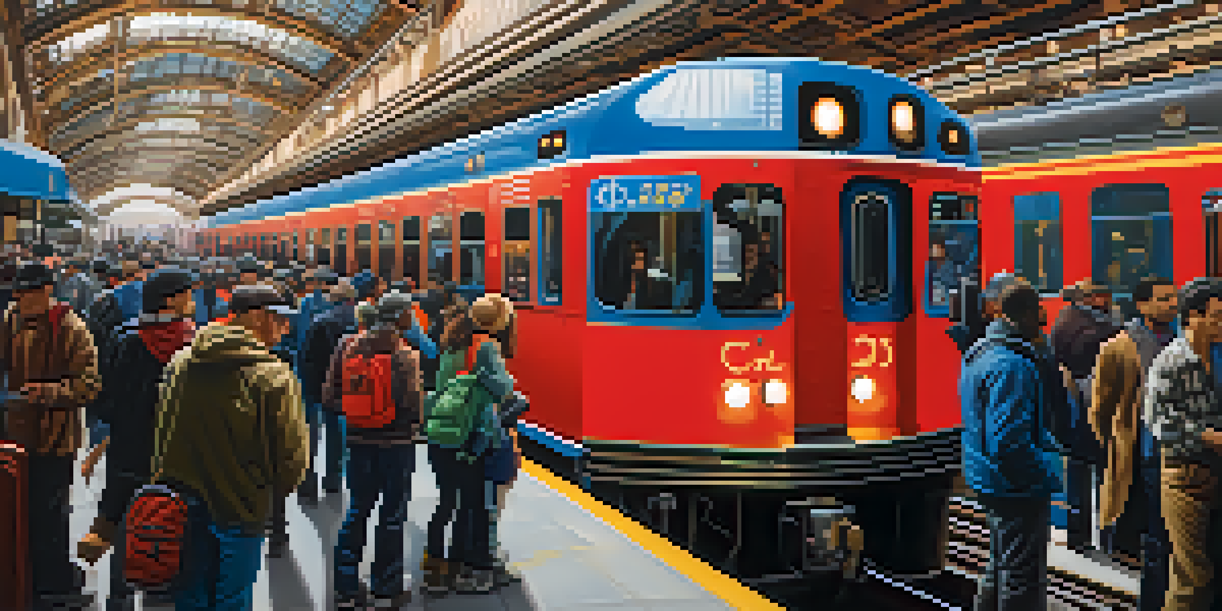 A busy Chicago 'L' train station with diverse commuters, vibrant graffiti, and a colorful arriving train under natural light.