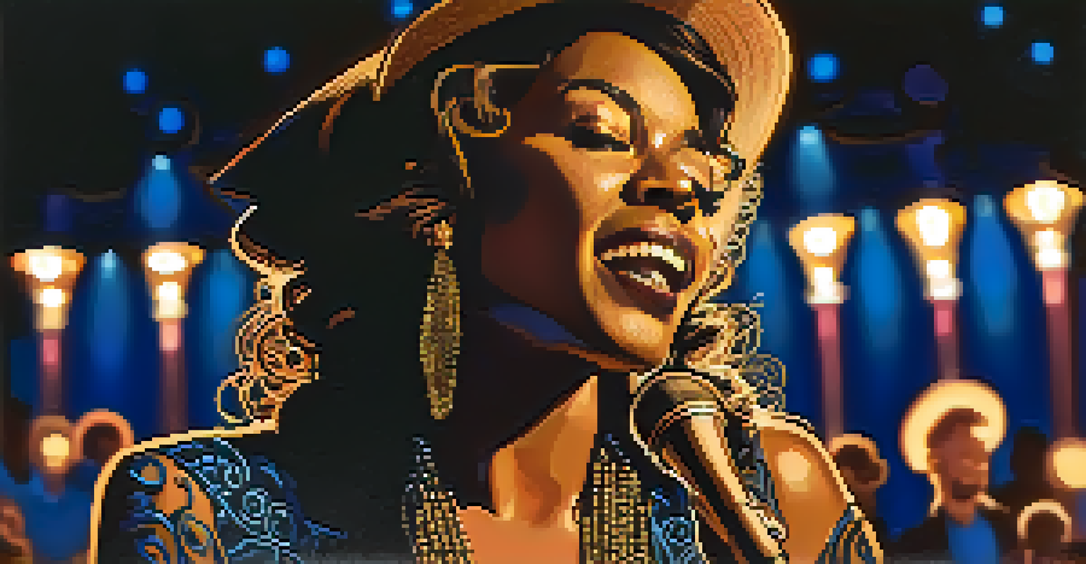 A close-up of a female blues singer performing on stage with warm lighting, holding a vintage microphone and wearing a stylish dress.