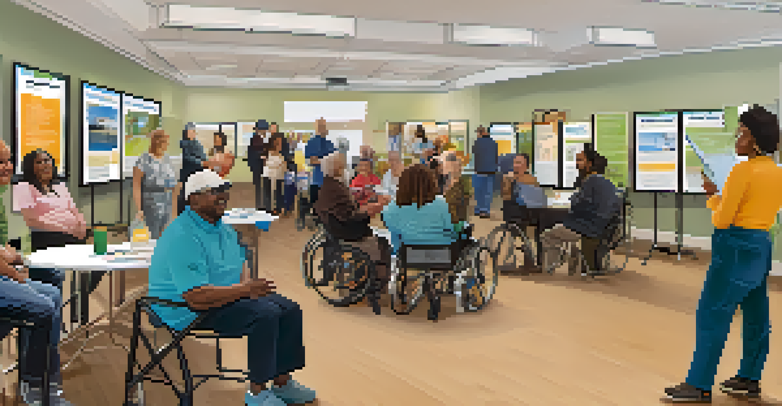 A community forum in a center where residents discuss transit accessibility, featuring diverse attendees including individuals with disabilities and parents. Informational posters about accessibility are visible, creating a supportive atmosphere.