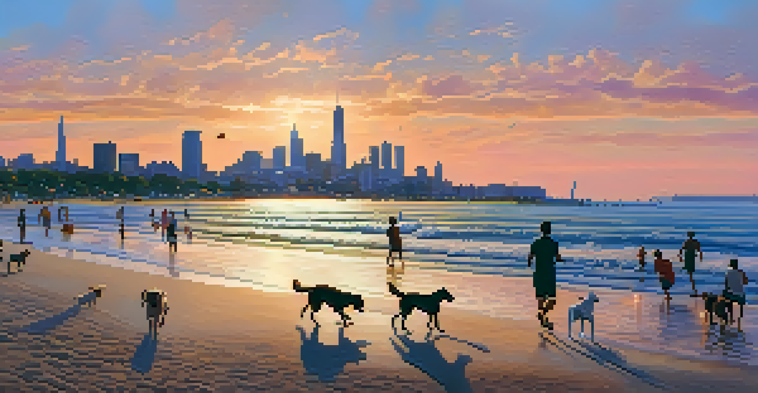 Dogs playing in the waves at North Avenue Beach with a stunning sunset and city skyline in the background.