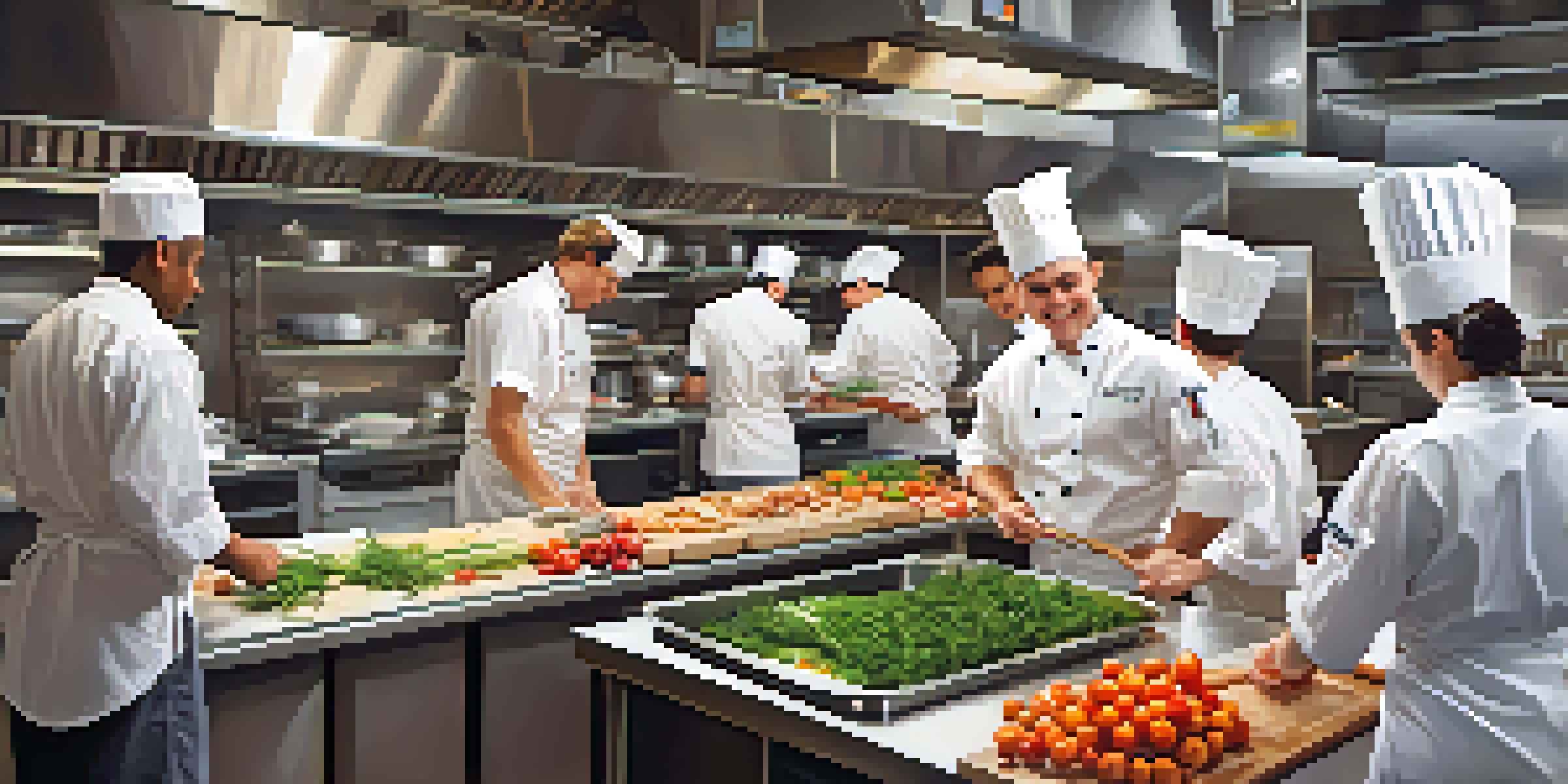 Students in a culinary school kitchen preparing dishes, surrounded by fresh ingredients and bright stainless steel appliances.