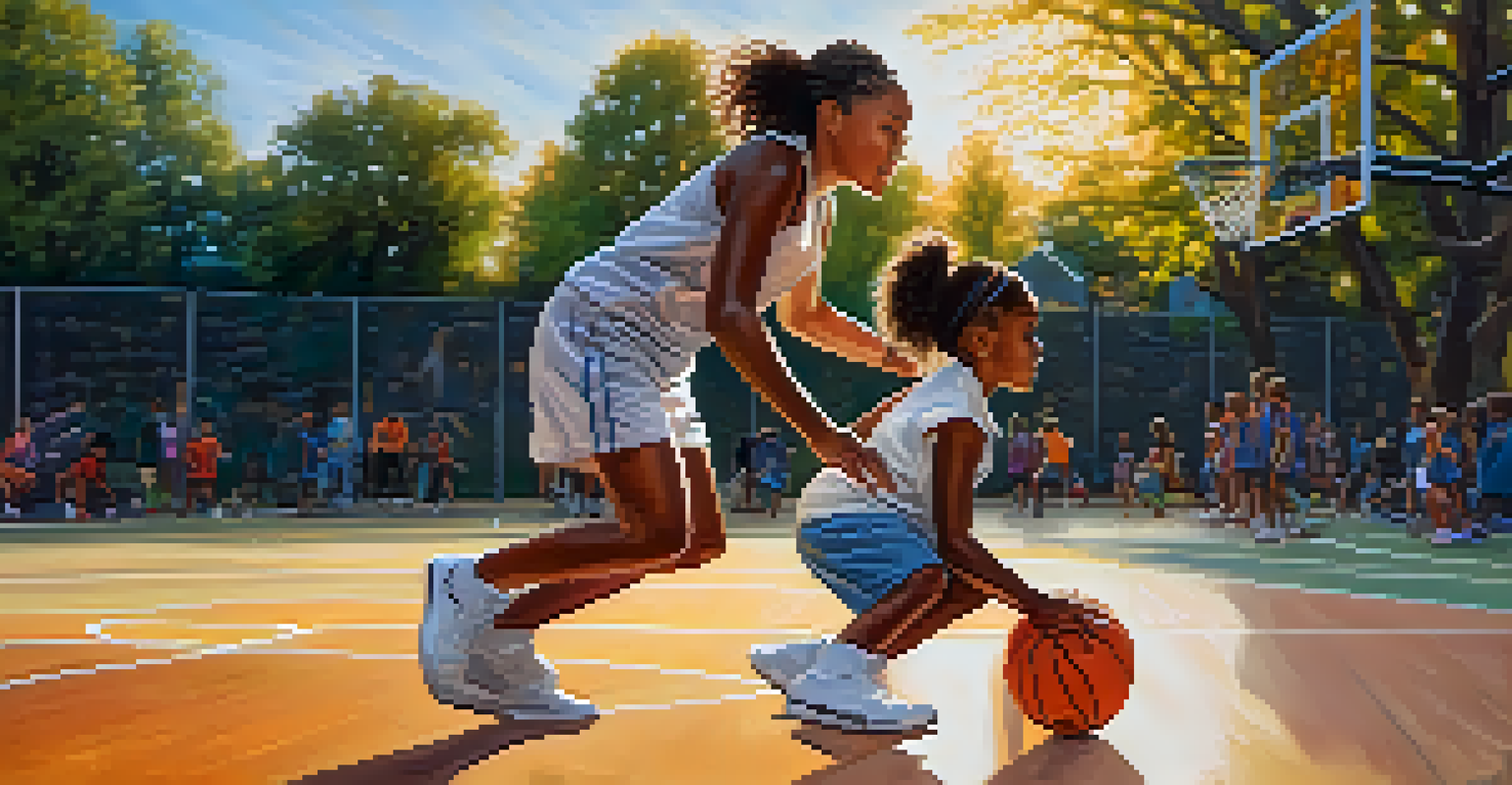 A young girl practicing basketball with a coach cheering her on in Chicago.