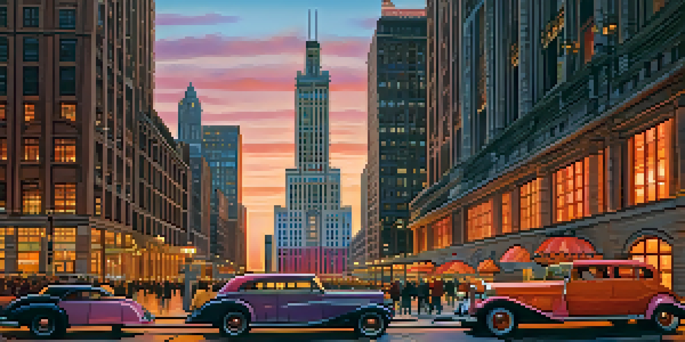 A sunset view of the Chicago Board of Trade Building, with a colorful sky and busy streets below.