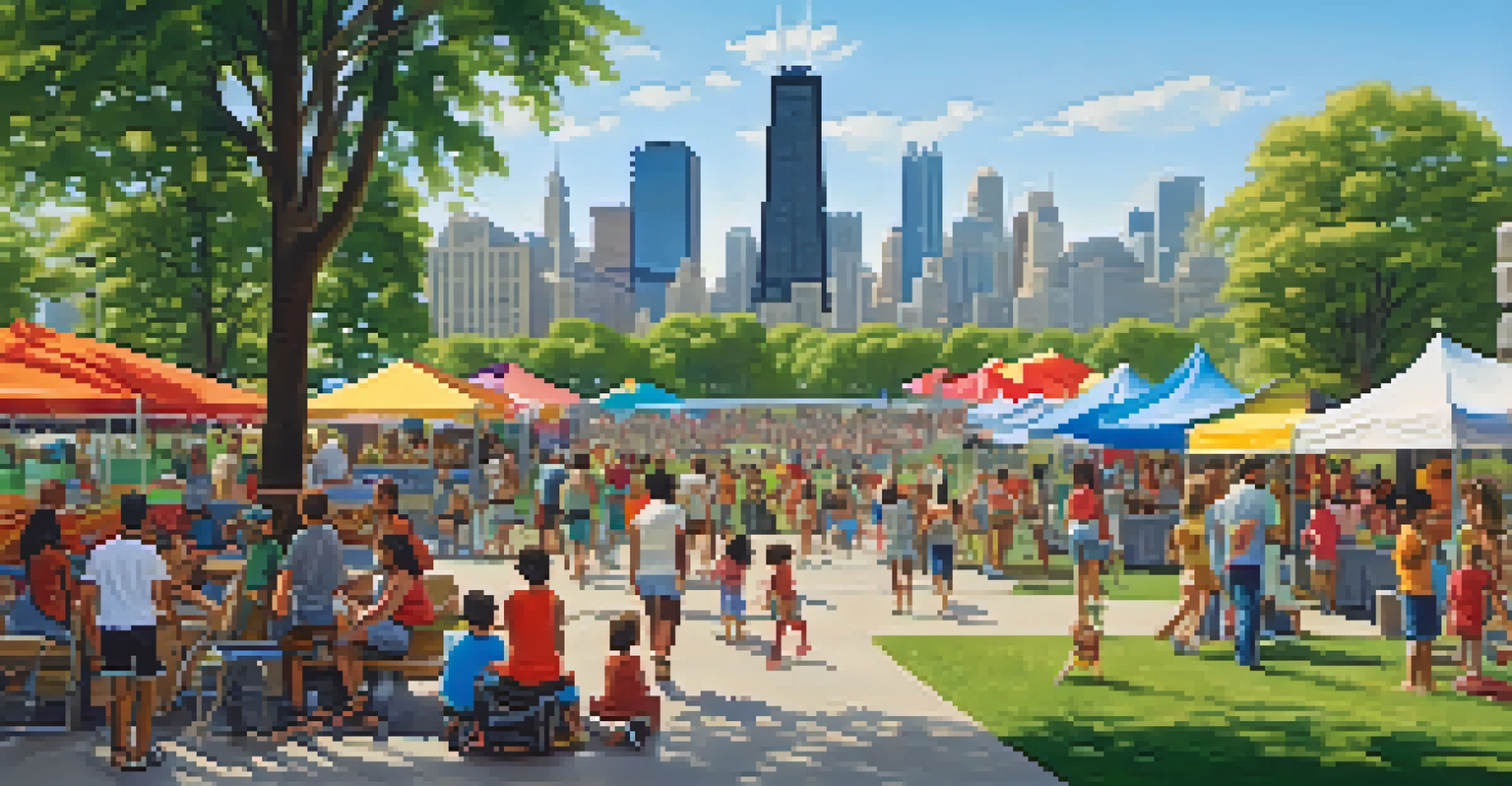 A lively modern Chicago park filled with families at a summer festival, featuring colorful stalls, children playing, and green spaces under a blue sky.