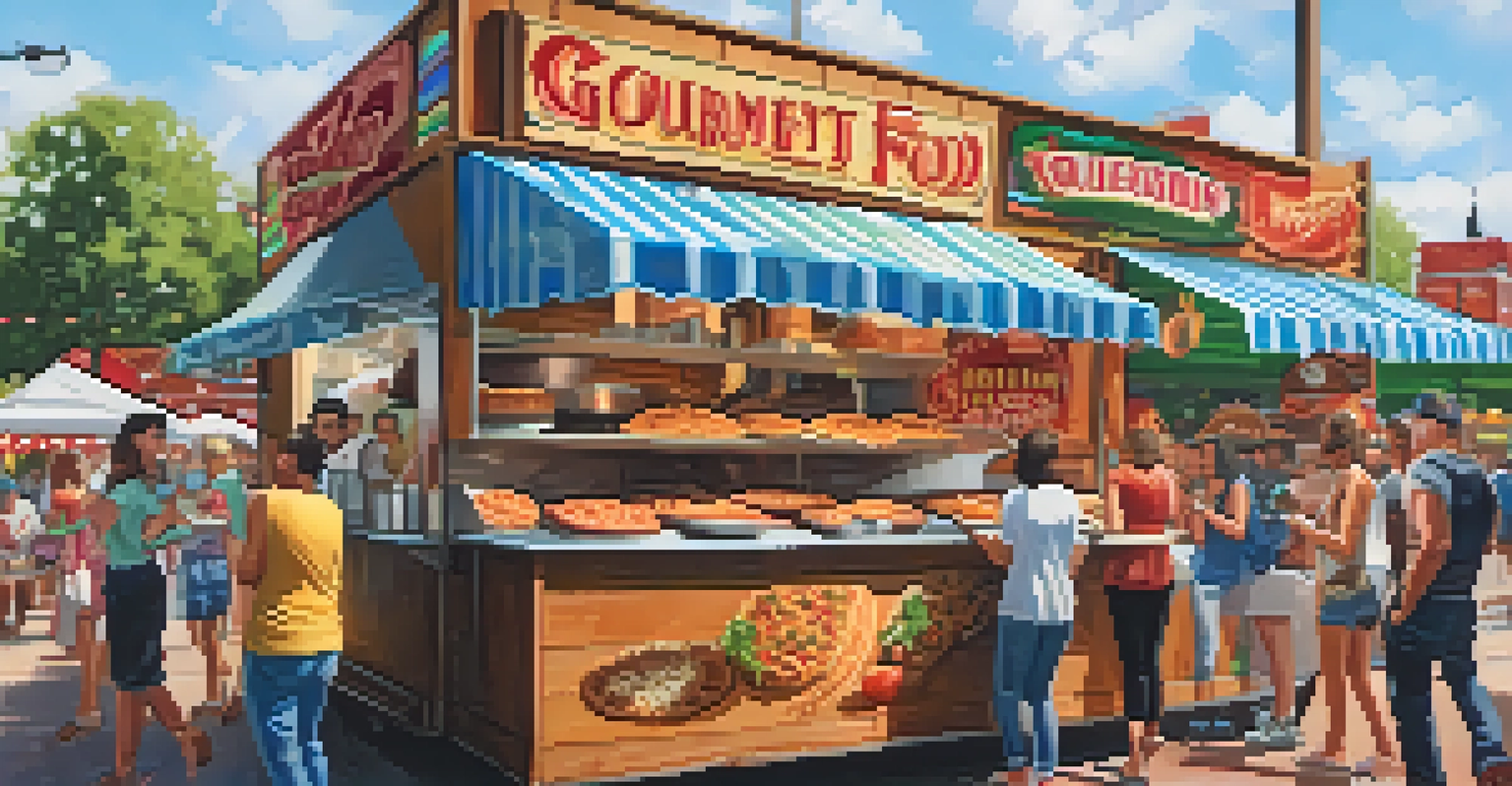 A close-up of a gourmet food stall at Chicago Fest with delicious foods and happy attendees enjoying their meals.