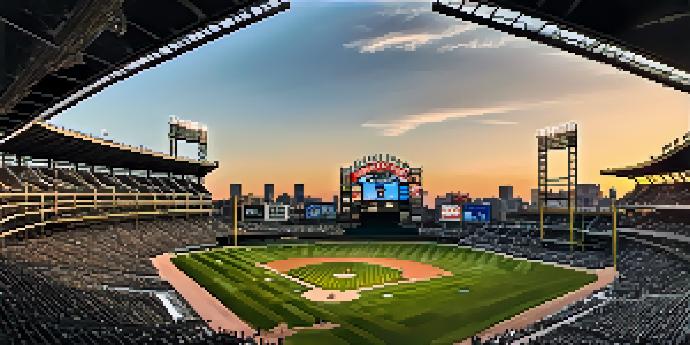 A panoramic view of Guaranteed Rate Field filled with cheering fans during a baseball game, with a bright sunset illuminating the scene.