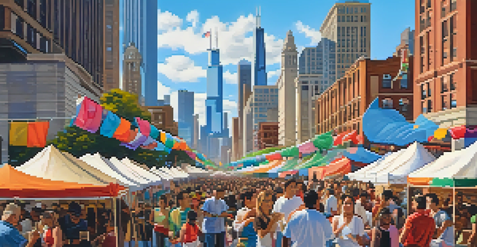 A lively outdoor cultural festival in Chicago filled with people, music, and colorful stalls, with the skyline visible in the background.