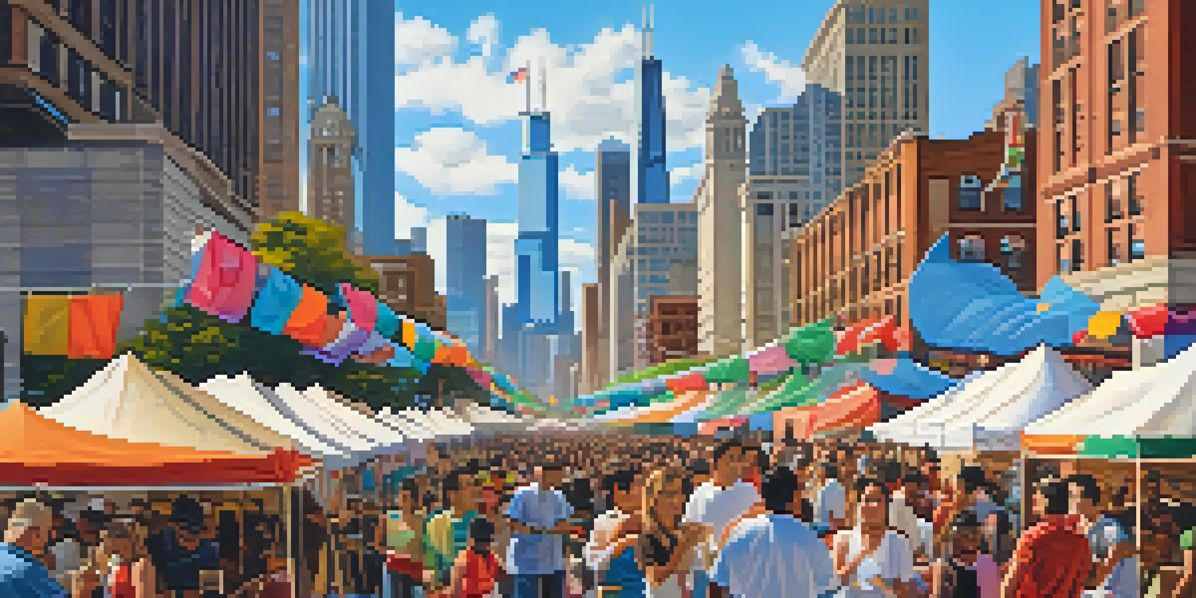 A lively outdoor cultural festival in Chicago filled with people, music, and colorful stalls, with the skyline visible in the background.