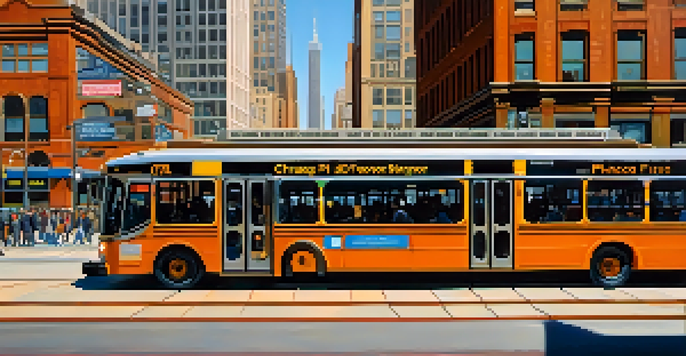 A busy city street in Chicago with commuters waiting at a bus stop and a CTA train passing in the background, showcasing an urban skyline.