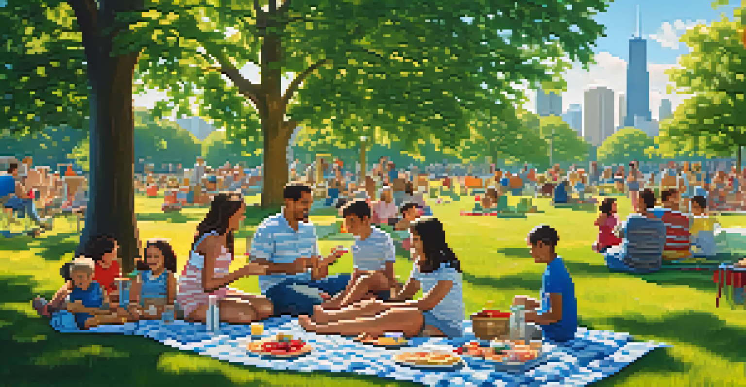 Families having a joyful picnic in a Chicago park for Memorial Day, with children playing and a spread of food and drinks.