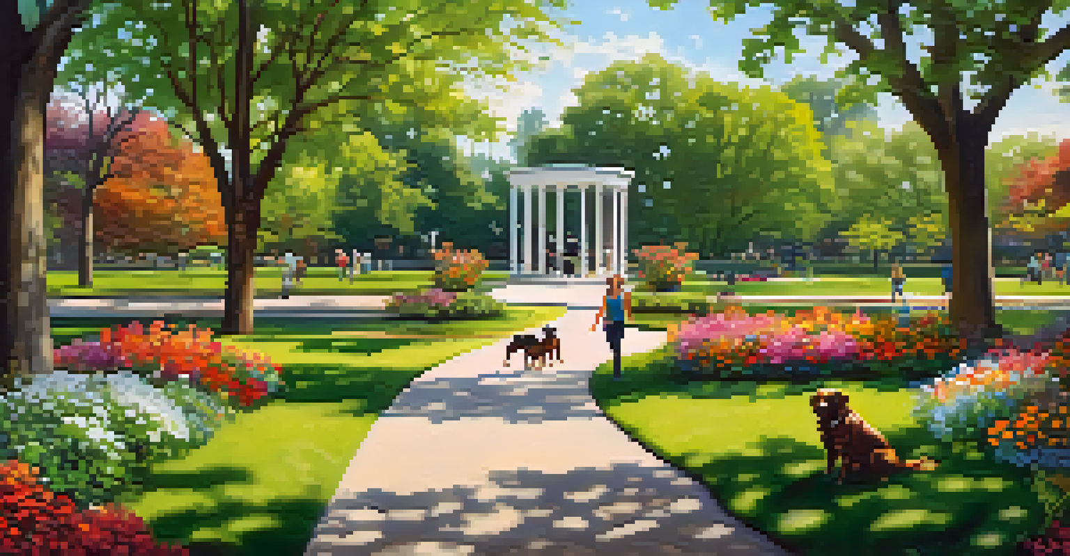 A walking path in Lincoln Park with dogs interacting and owners strolling in a green environment.