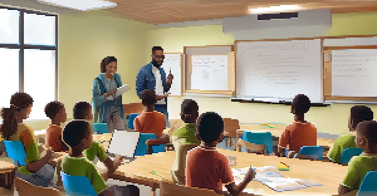 A volunteer teaching a group of learners in a community center, demonstrating the use of digital tools with a whiteboard in the background.
