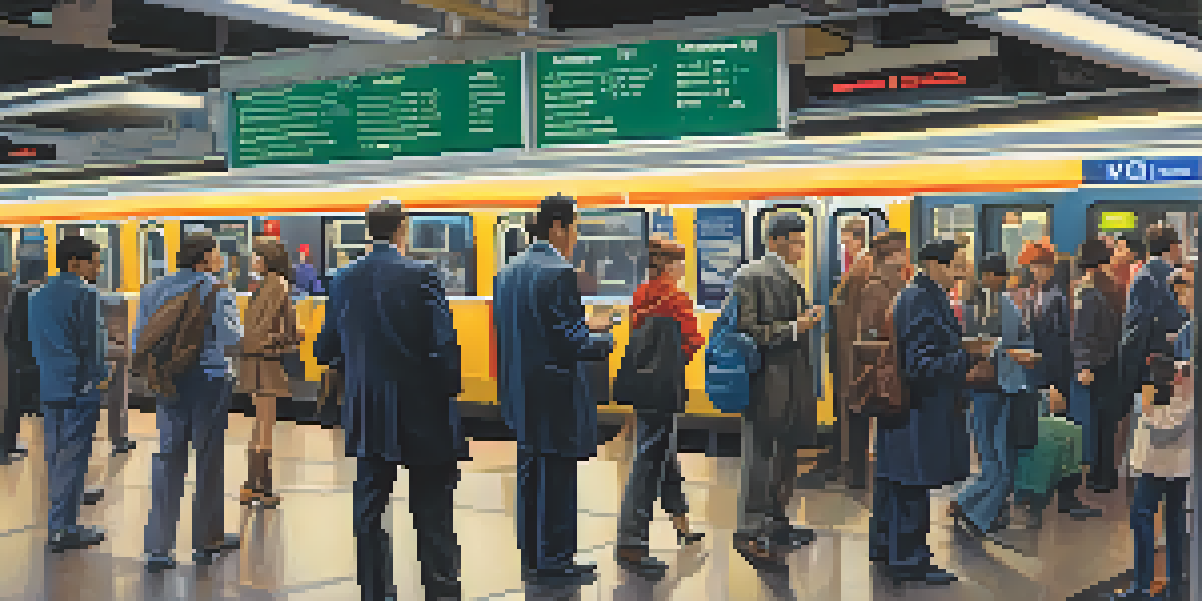 A busy subway station in Chicago with commuters waiting for trains, colorful advertisements, and bright lights.