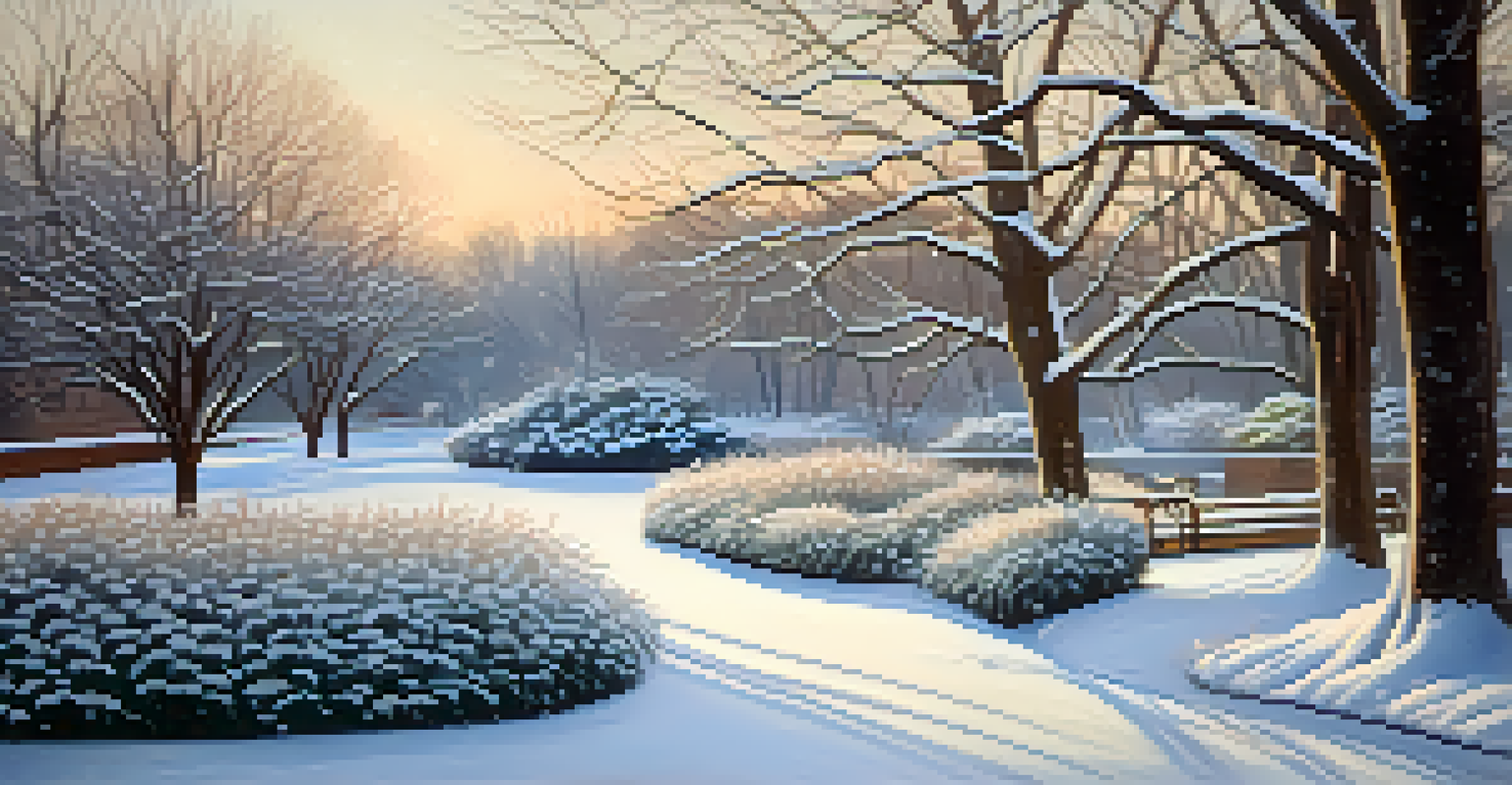 A snowy path in the Chicago Botanic Garden, with families walking amidst trees covered in snow, illuminated by soft light.