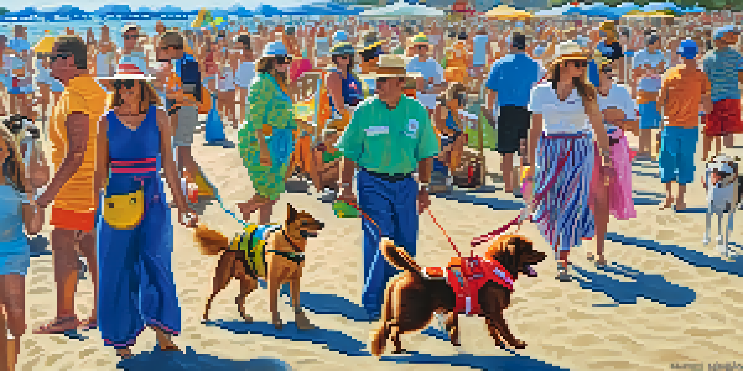 A lively beach scene featuring dogs in costumes at a pet festival, with bright sunlight and happy owners.
