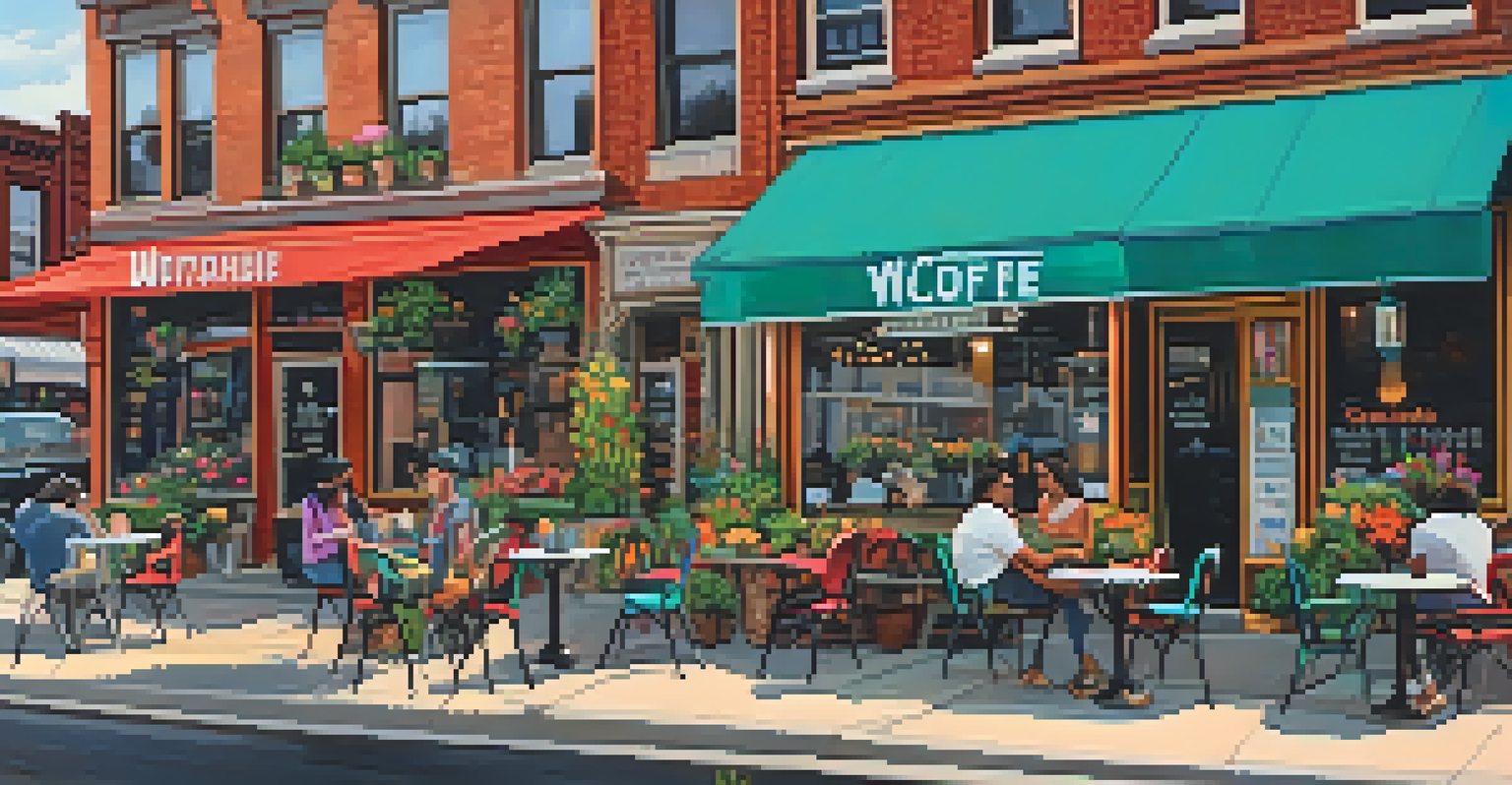A lively street scene in Wicker Park with The Wormhole Coffee showcasing retro decor.