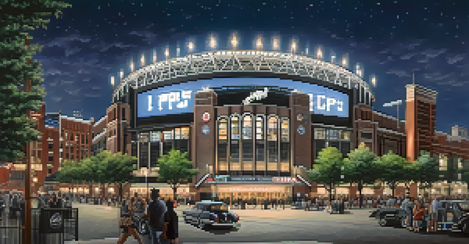 An evening view of Guaranteed Rate Field's exterior with bright lights, excited fans arriving, and statues of legendary players under a starry sky.