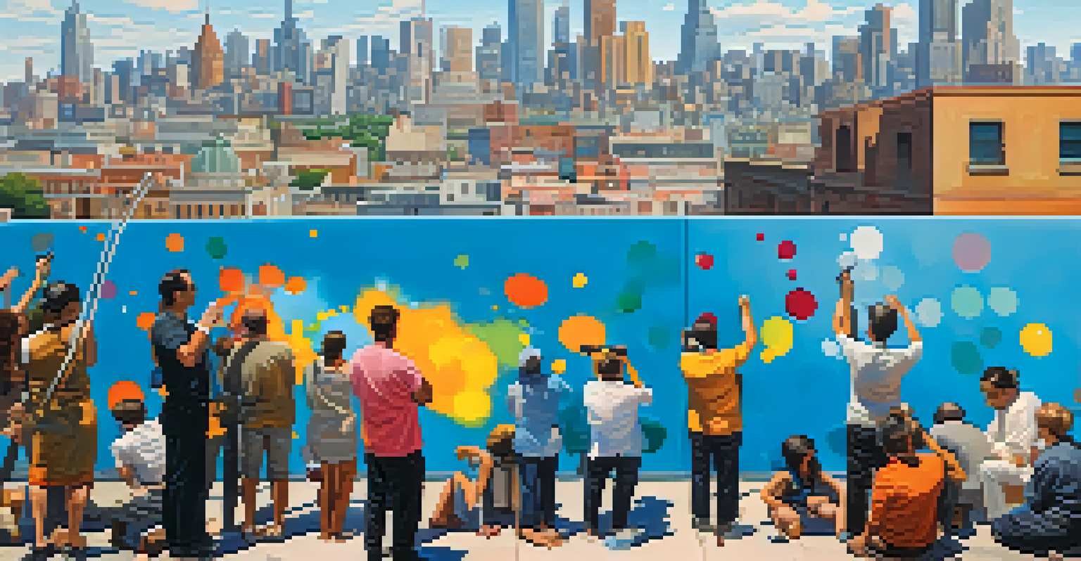 An artist painting a mural with diverse spectators watching, set against a city skyline and a bright blue sky.
