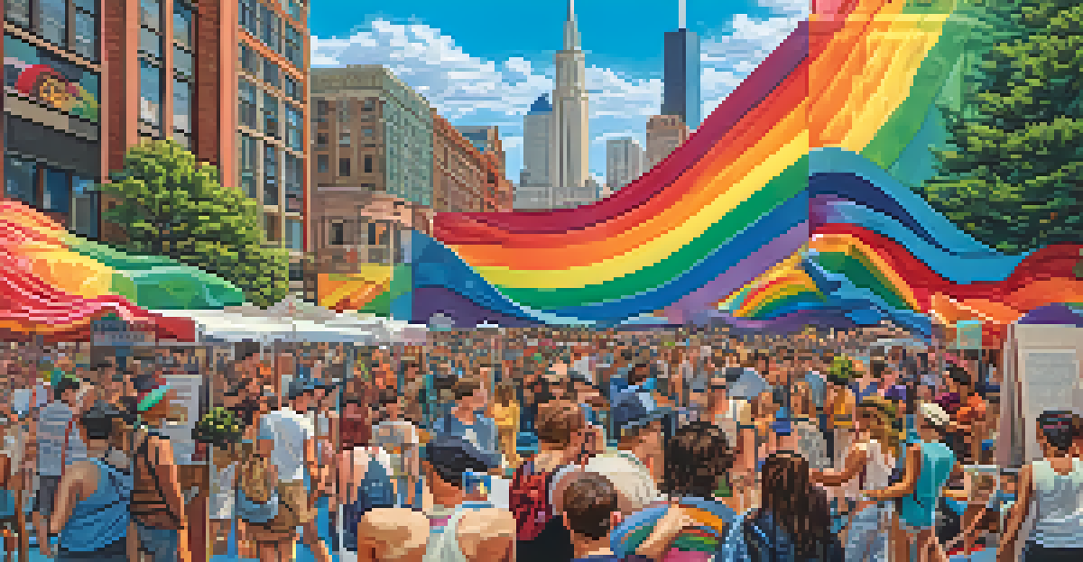 An artistic mural at Chicago Pride Fest with people admiring it, surrounded by festival booths and a bright blue sky.