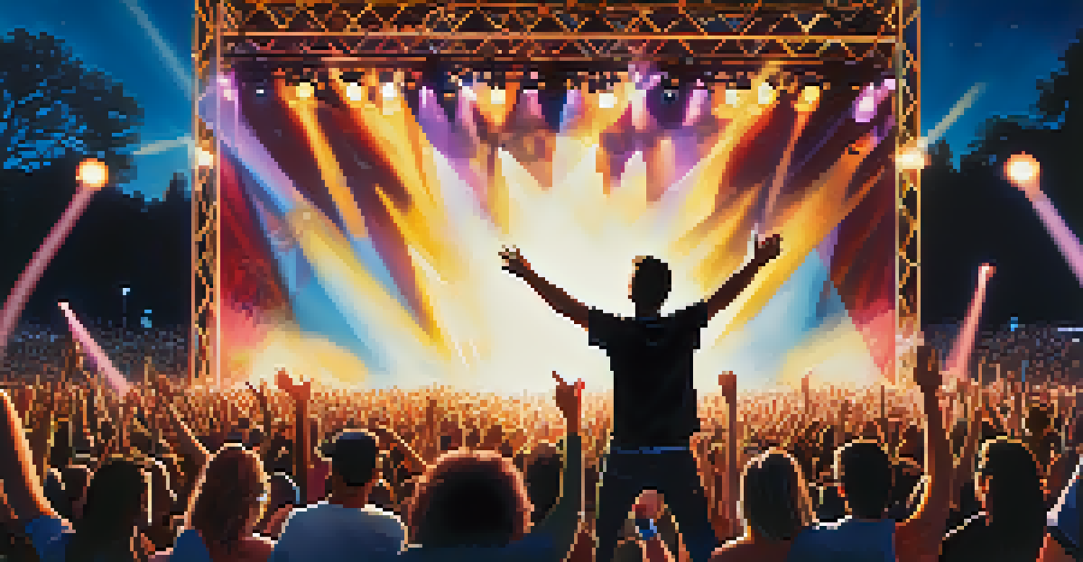 A performer on stage with bright lights, surrounded by an excited crowd at a music festival.
