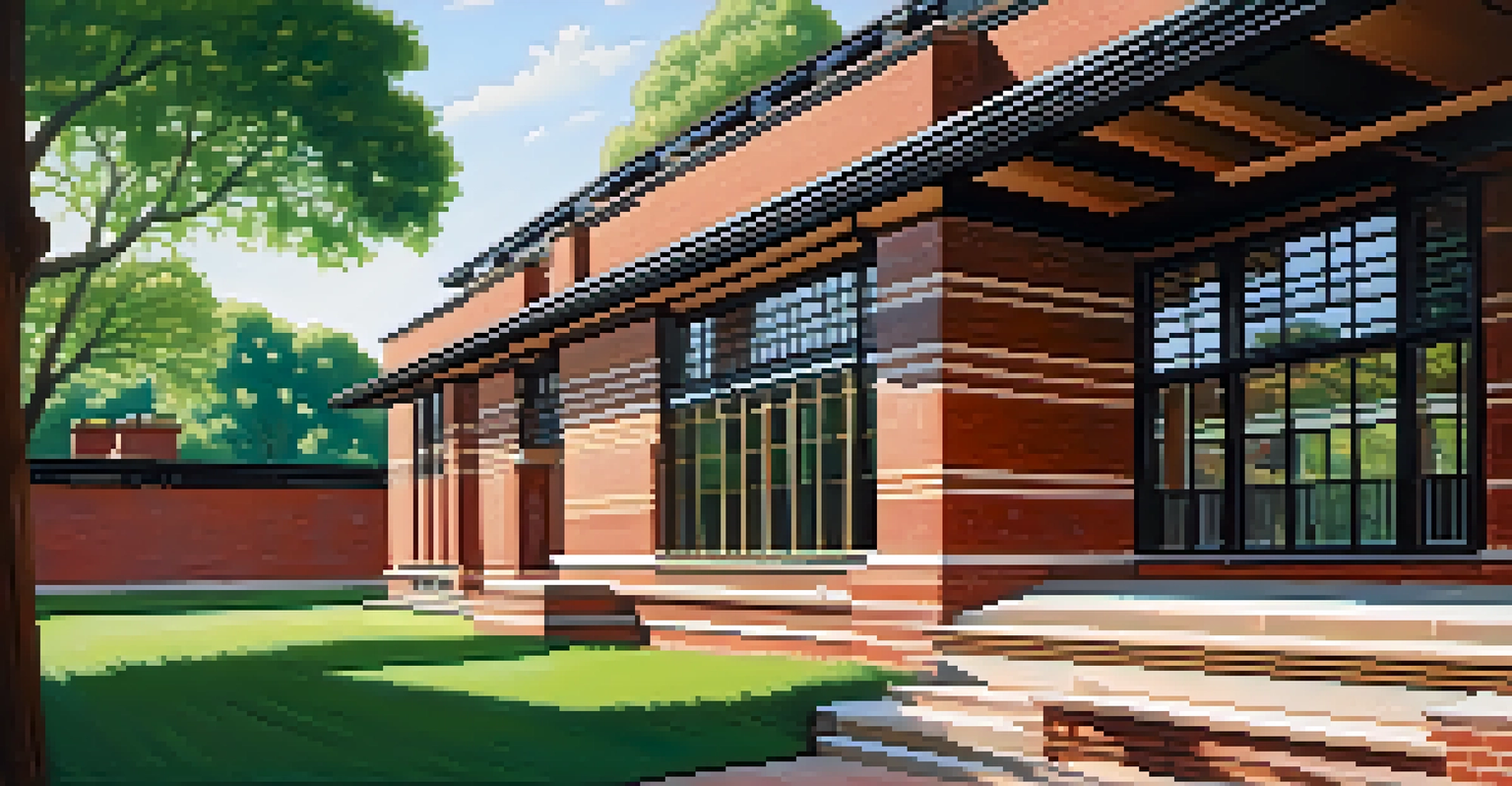 A close-up view of the Robie House facade, showcasing its horizontal lines and natural materials, surrounded by greenery.