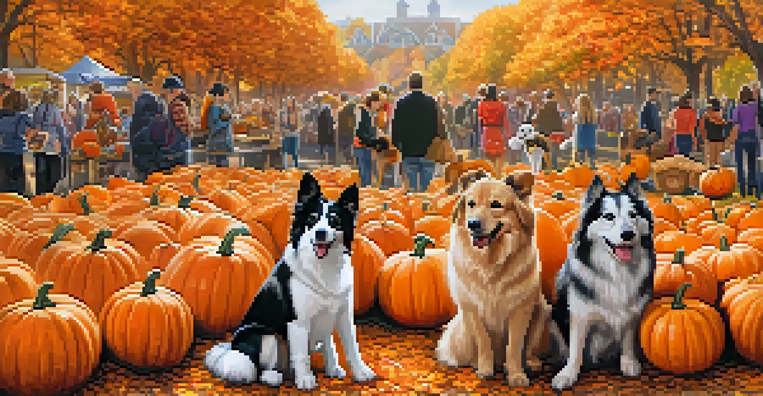 A colorful fall festival scene with dogs in costumes in a pumpkin patch, surrounded by food stalls and autumn decorations.