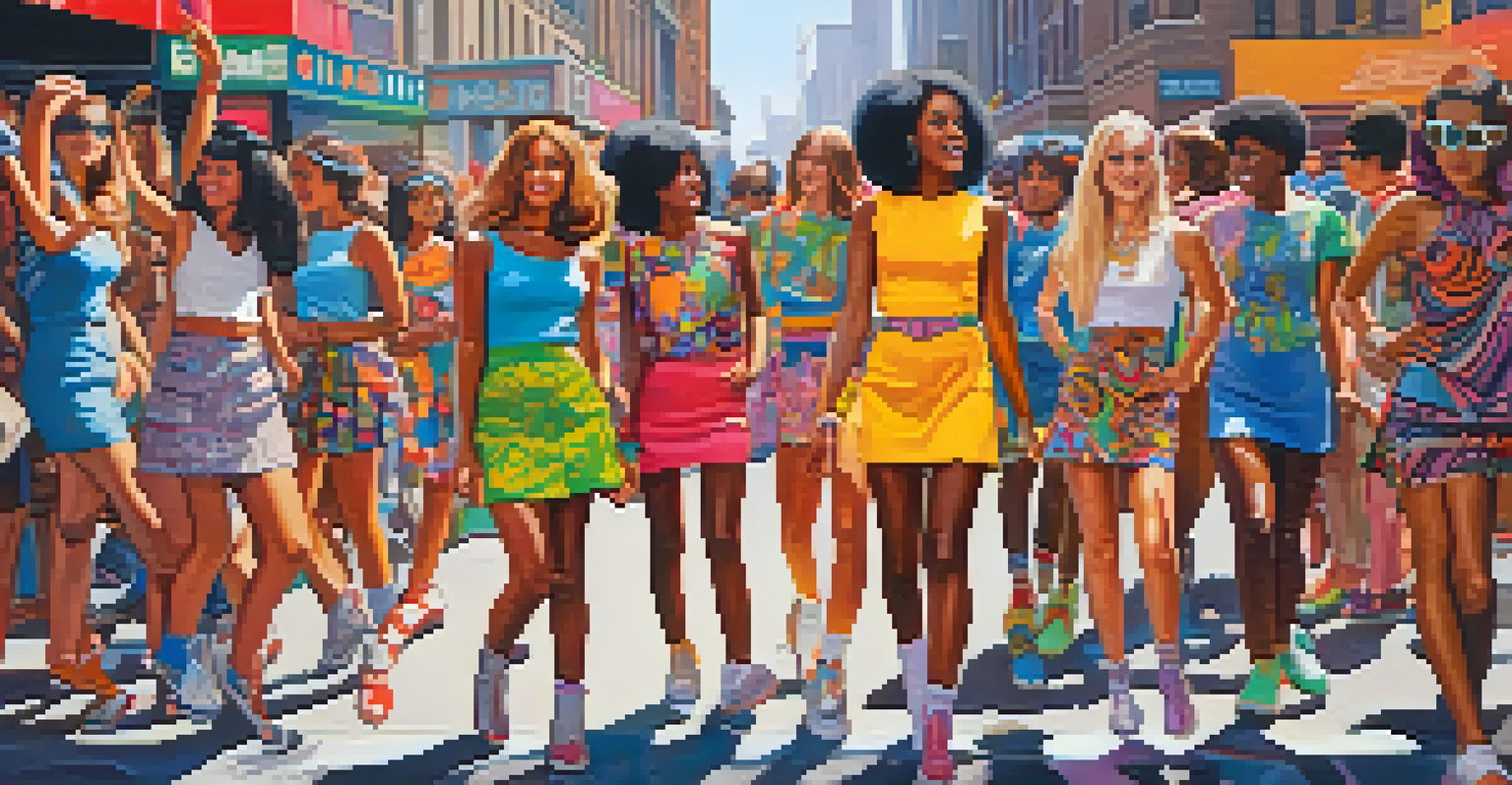 A lively 1960s street scene in Chicago featuring young people in colorful outfits and graffiti art, embodying the spirit of rebellion and creativity.