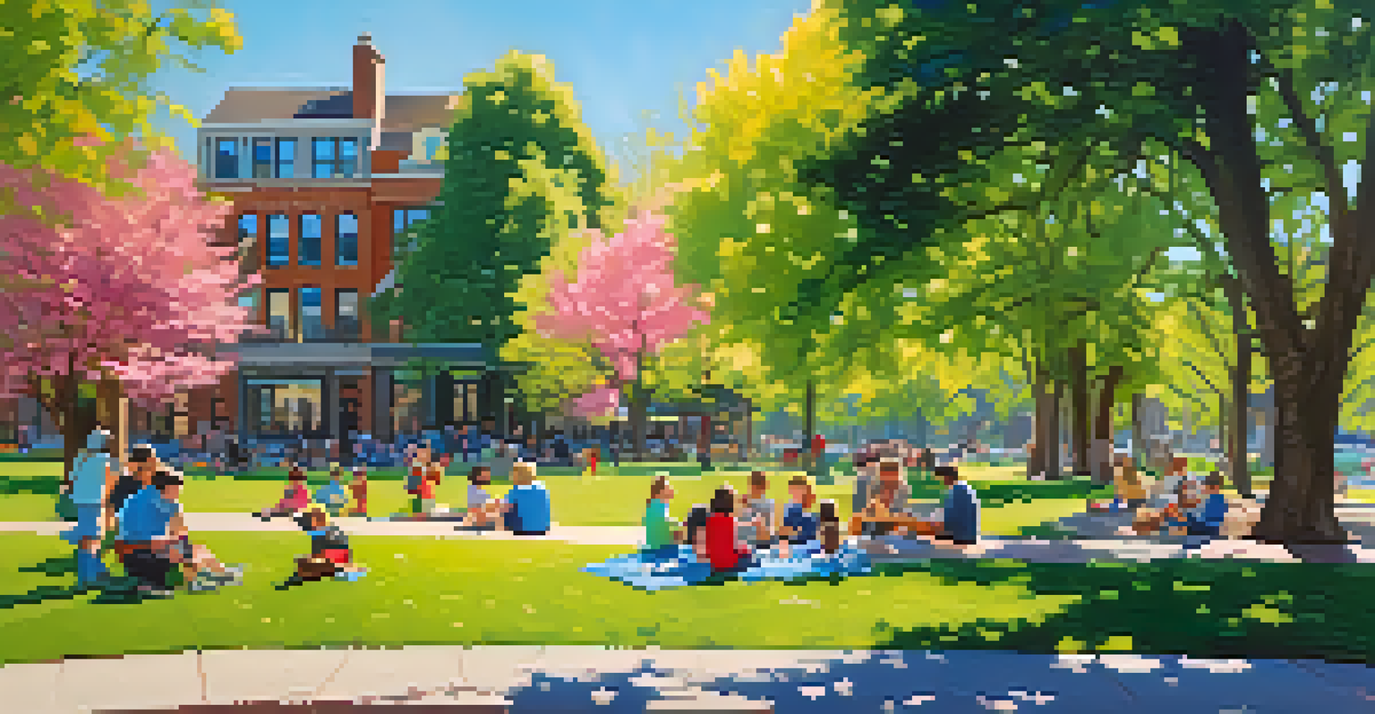 A lively spring day in Lincoln Park, with blooming flowers, families picnicking, and children playing under a bright blue sky.