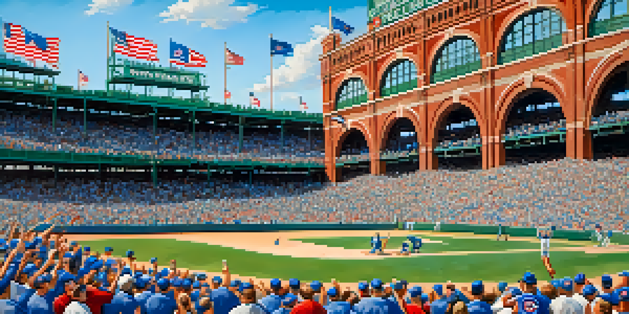 A lively crowd of Cubs fans at Wrigley Field, wearing blue jerseys and waving flags, with the ivy-covered walls in the background.