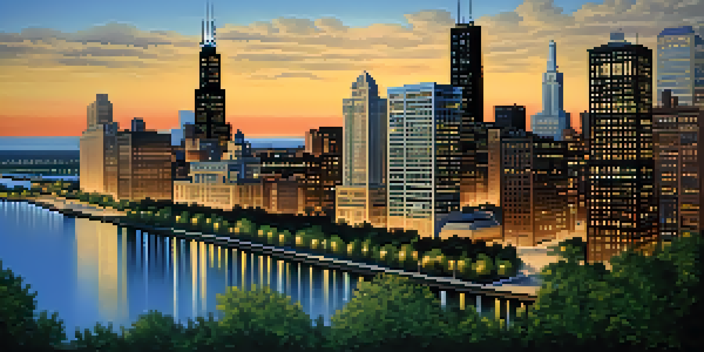 A panoramic view of Chicago's skyline at dusk, featuring a mix of modern and historical buildings, with reflections in the river.