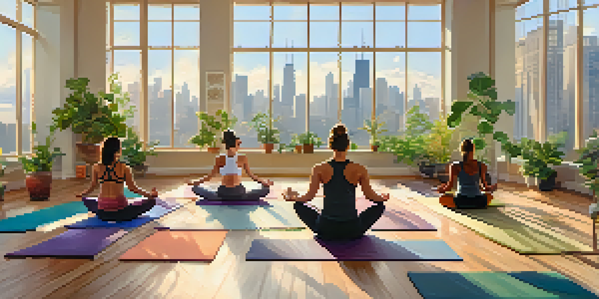 A diverse group of individuals practicing yoga in a sunlit studio with a view of the Chicago skyline.