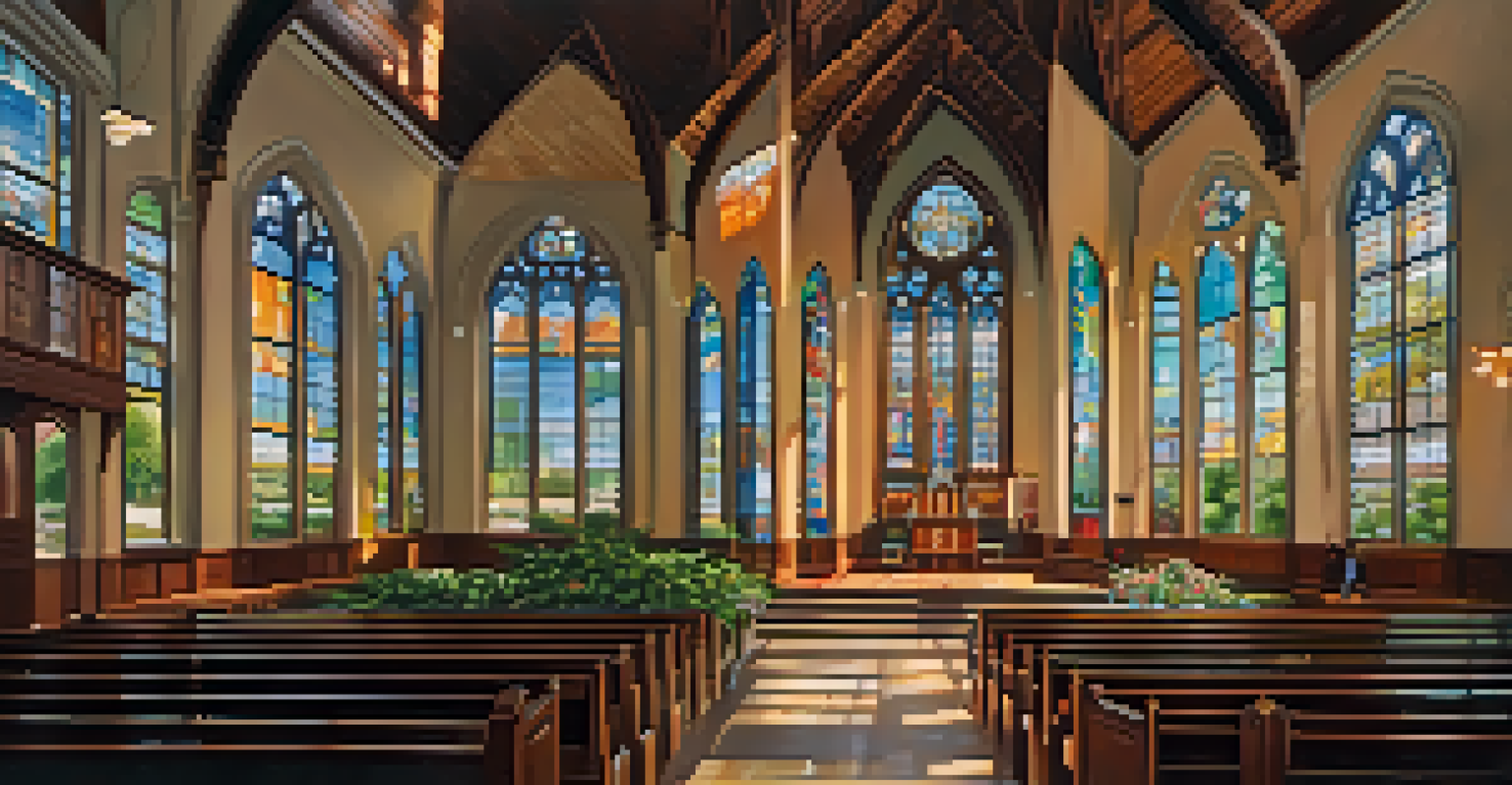 The Abundant Life Church in Bronzeville, featuring its architectural details and historical significance. Sunlight filters through stained glass, illuminating the interior and showing community members around.