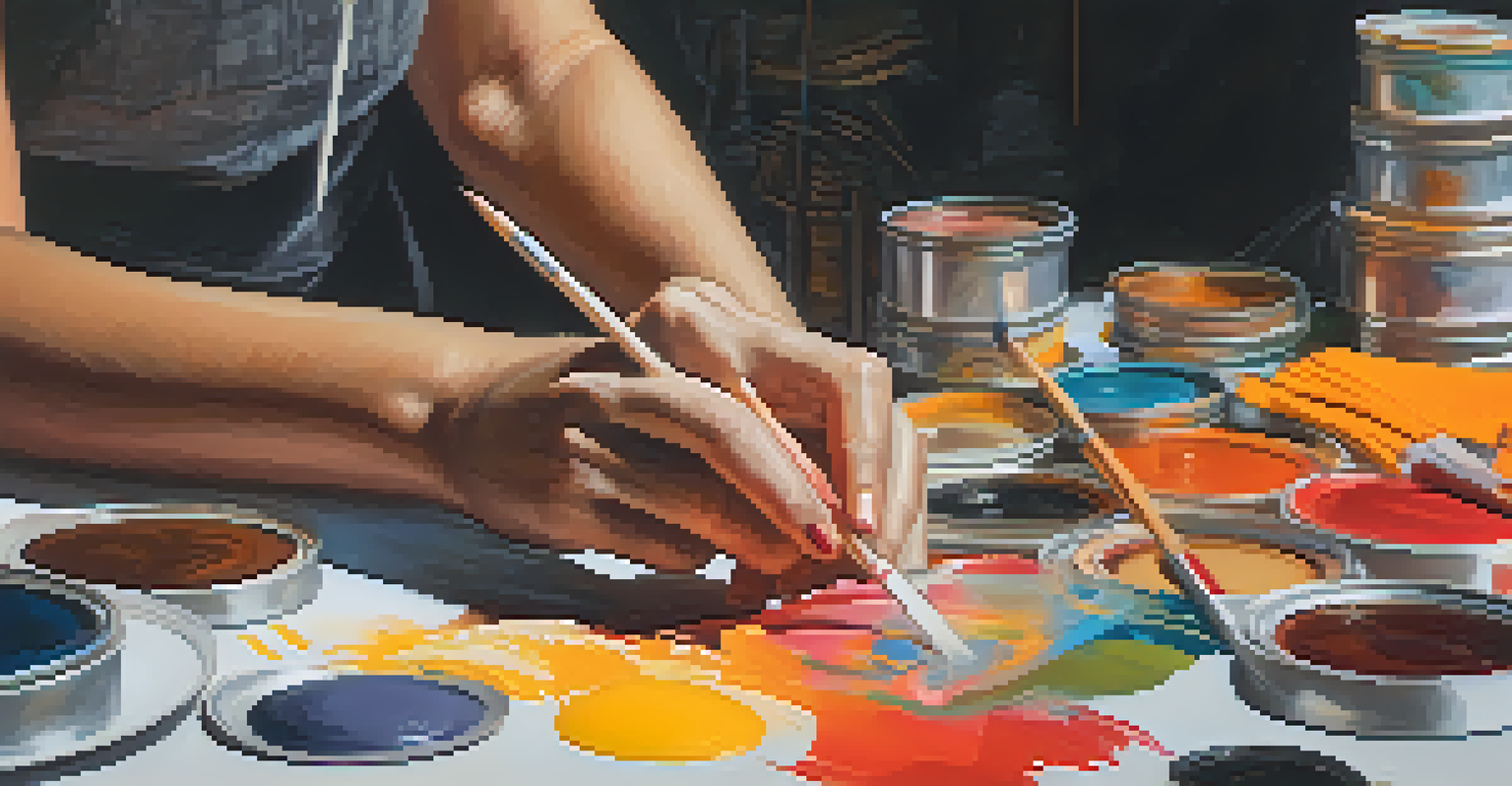 Close-up of hands crafting an art piece in a Chicago studio, showcasing vibrant materials and a collaborative spirit.