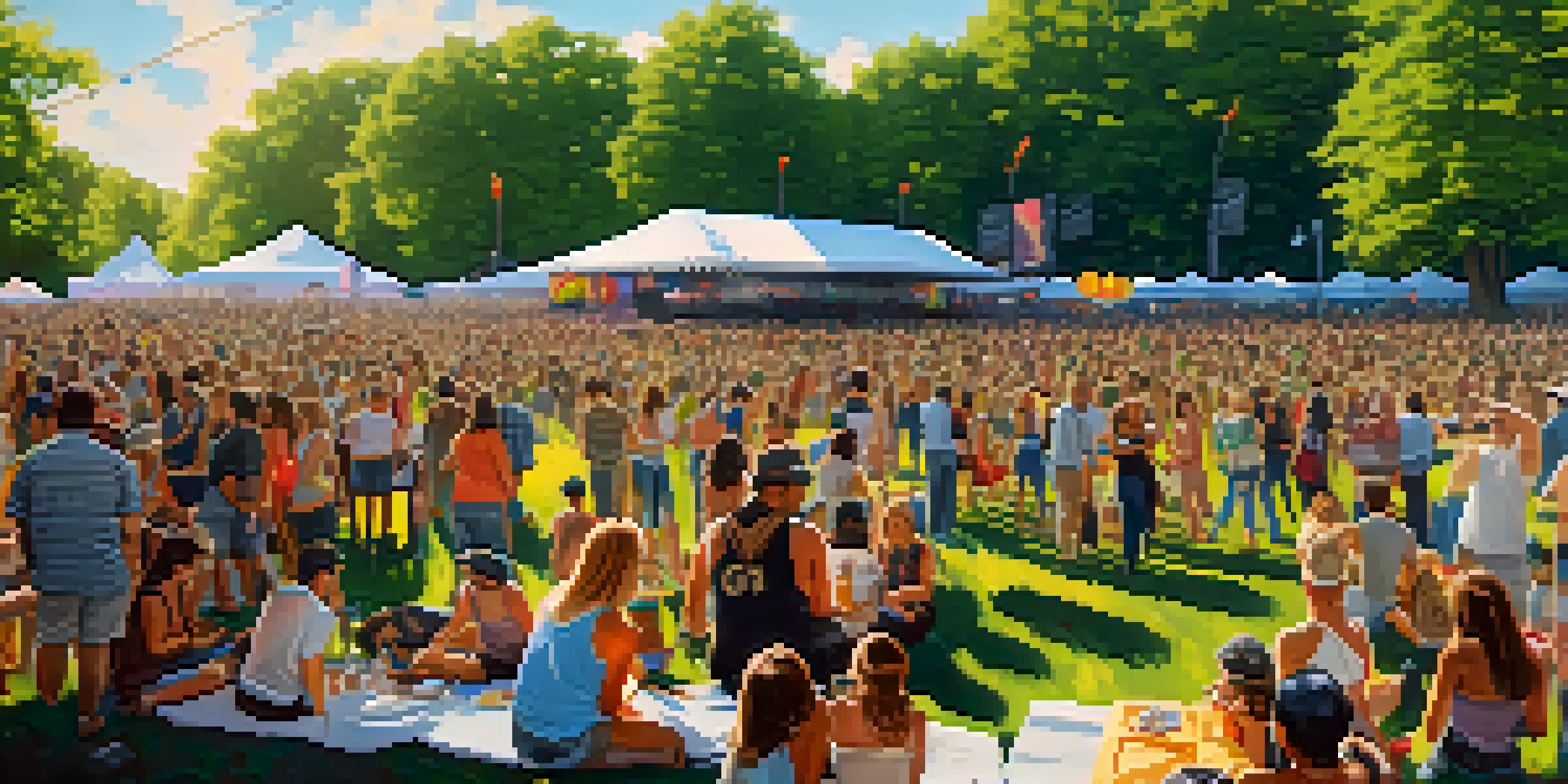 A lively music festival scene with diverse crowds, lush greenery, and multiple stages under soft sunlight.