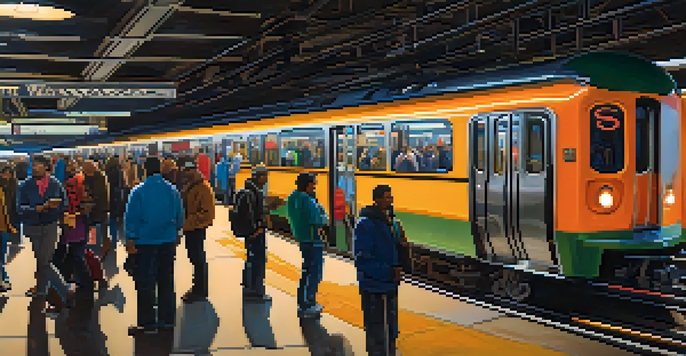 A busy Chicago train station filled with diverse commuters, colorful signage, and a digital board showing train arrival times.