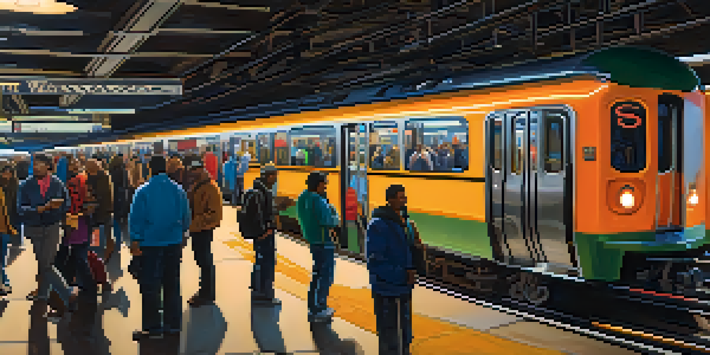 A busy Chicago train station filled with diverse commuters, colorful signage, and a digital board showing train arrival times.