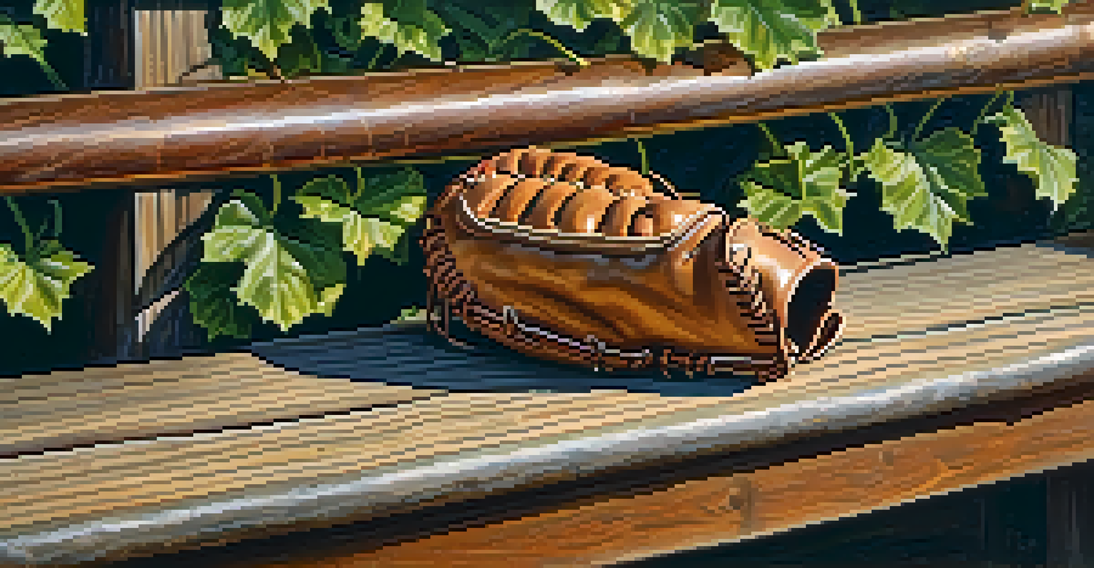 A close-up view of a baseball glove and ball on a wooden bench at Wrigley Field, illuminated by sunset light with ivy walls in the background.