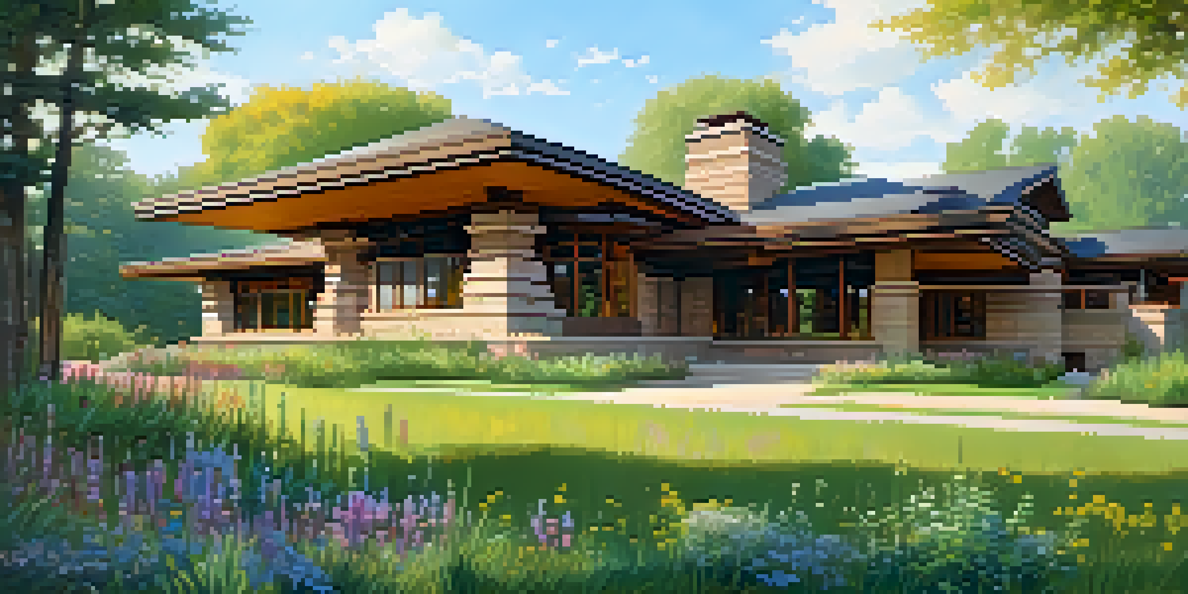 A Prairie School-style house with low-pitched roofs and wide overhangs surrounded by a lush green landscape and colorful wildflowers under warm afternoon sunlight.