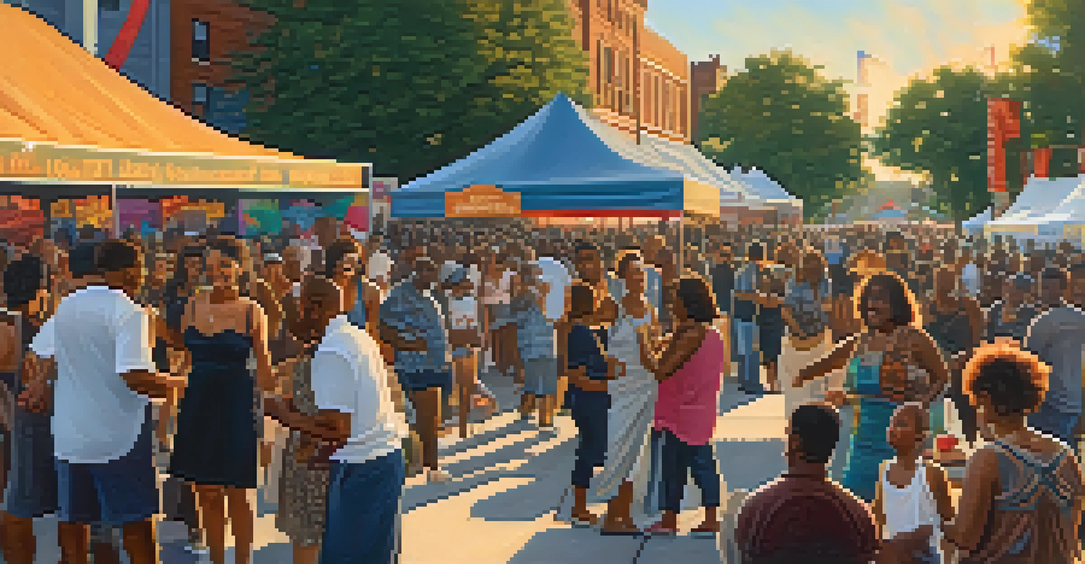 A vibrant outdoor festival celebrating Chicago blues, with a crowd enjoying live music and food vendors in the background.