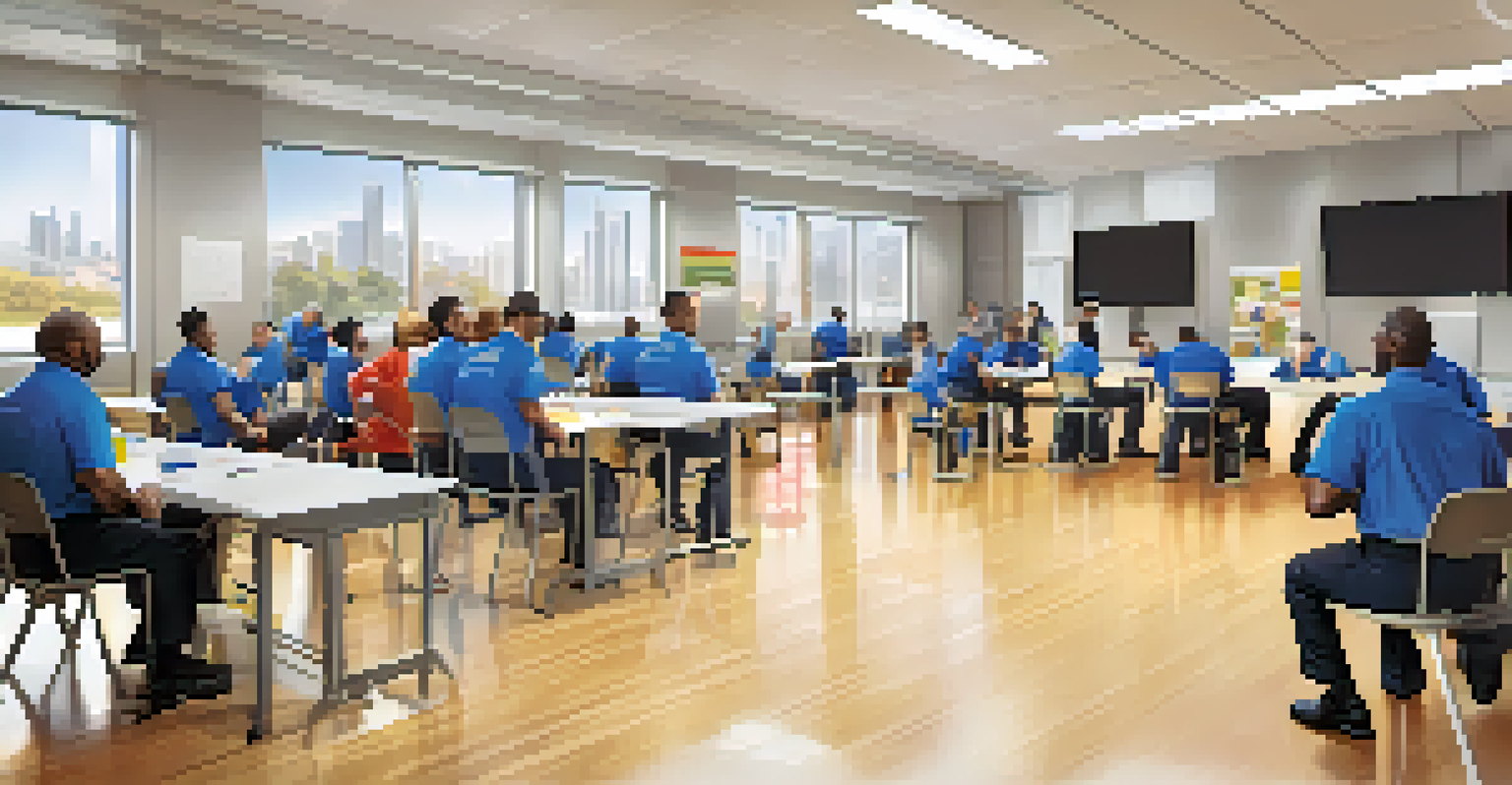 Transit staff engaged in a safety training session in a modern, well-lit room, with safety equipment and educational materials visible.