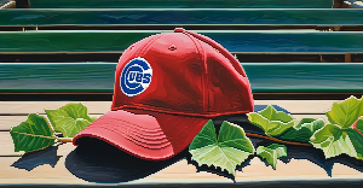 A close-up of a Cubs baseball cap on a wooden bench with ivy in the background, symbolizing fan loyalty.