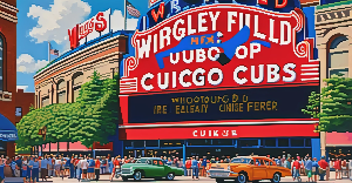 A lively image of Wrigley Field filled with enthusiastic Cubs fans, bright blue sky, and ivy-covered walls.