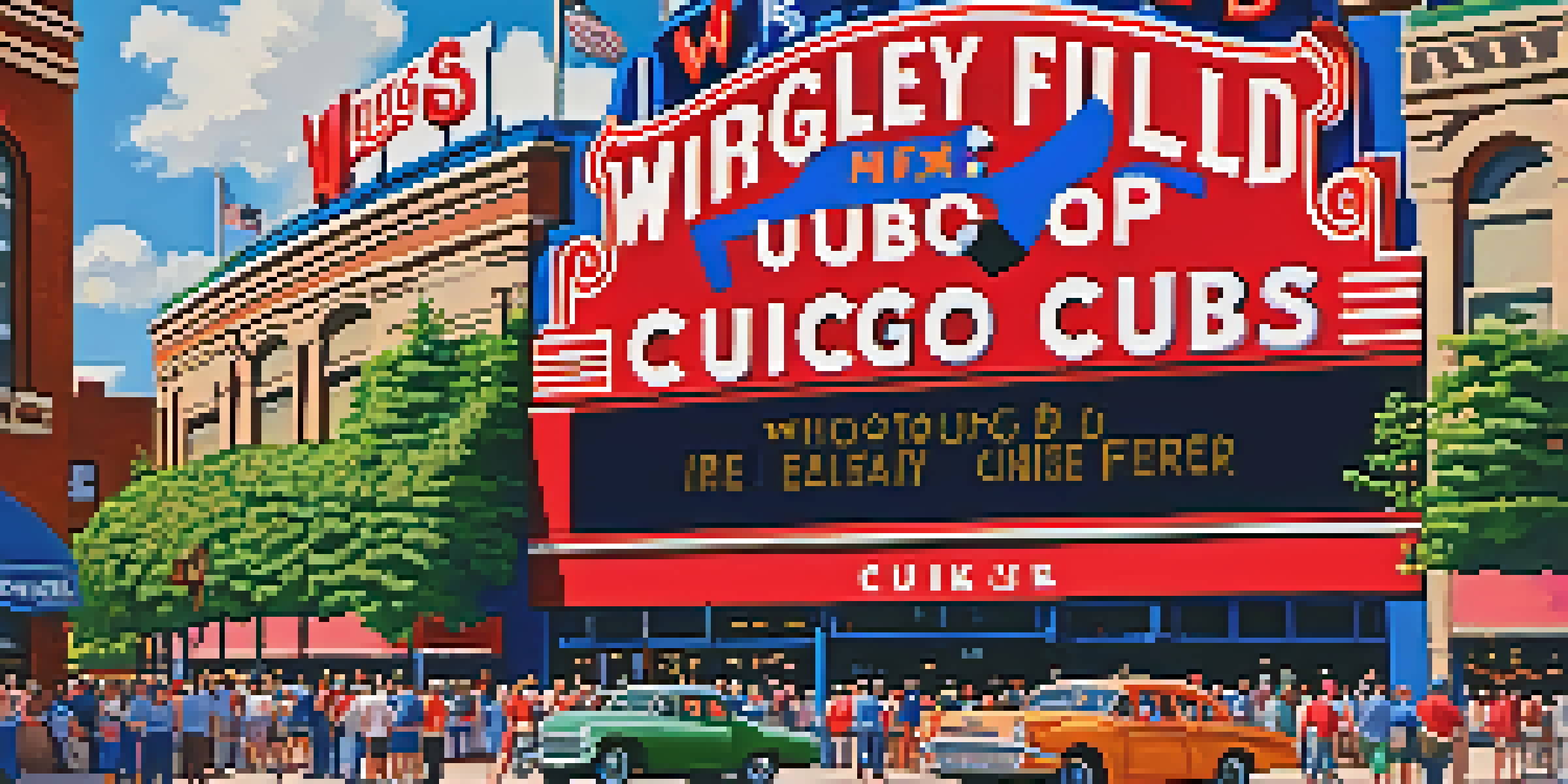 A lively image of Wrigley Field filled with enthusiastic Cubs fans, bright blue sky, and ivy-covered walls.