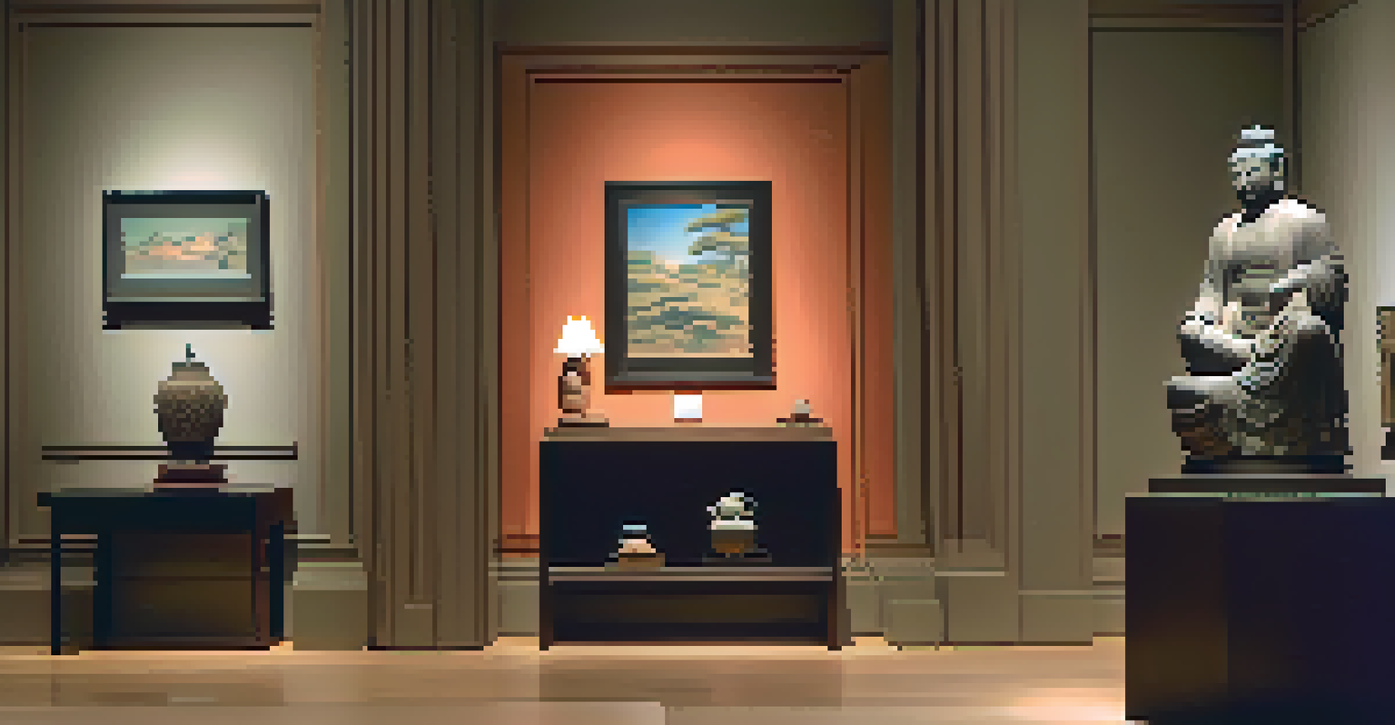 A quiet corner in the Smart Museum of Art displaying Asian art pieces under soft lighting.