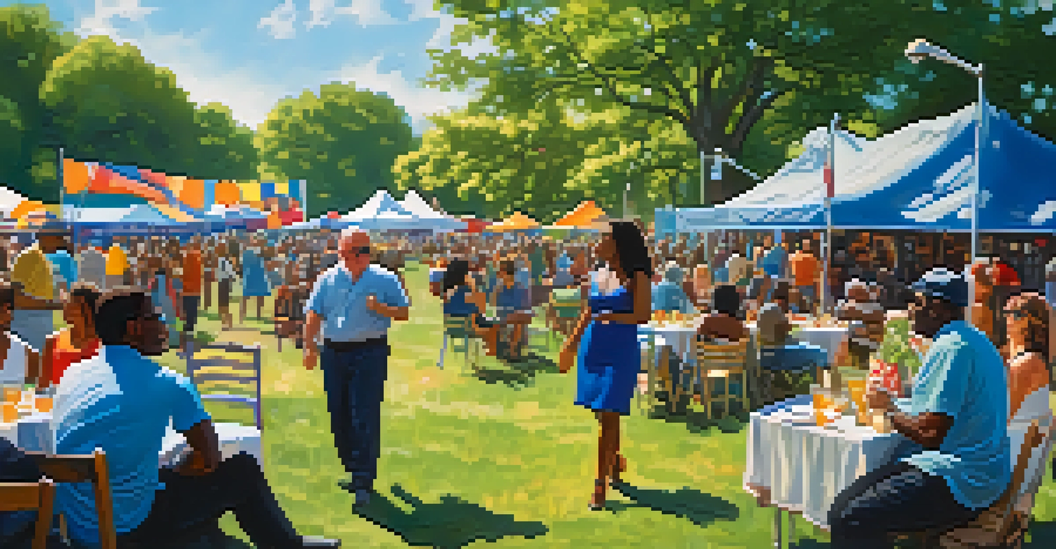 A sunny outdoor blues festival in Chicago, featuring a guitarist on stage with a diverse crowd enjoying the music in a vibrant park setting.