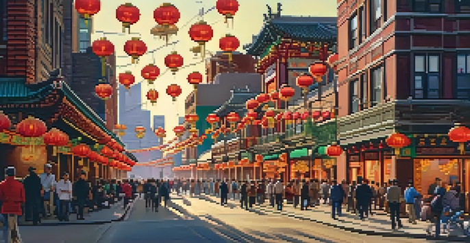 A busy street in Chicago's Chinatown featuring the beautiful Chinatown Gate, with people and colorful decorations around.