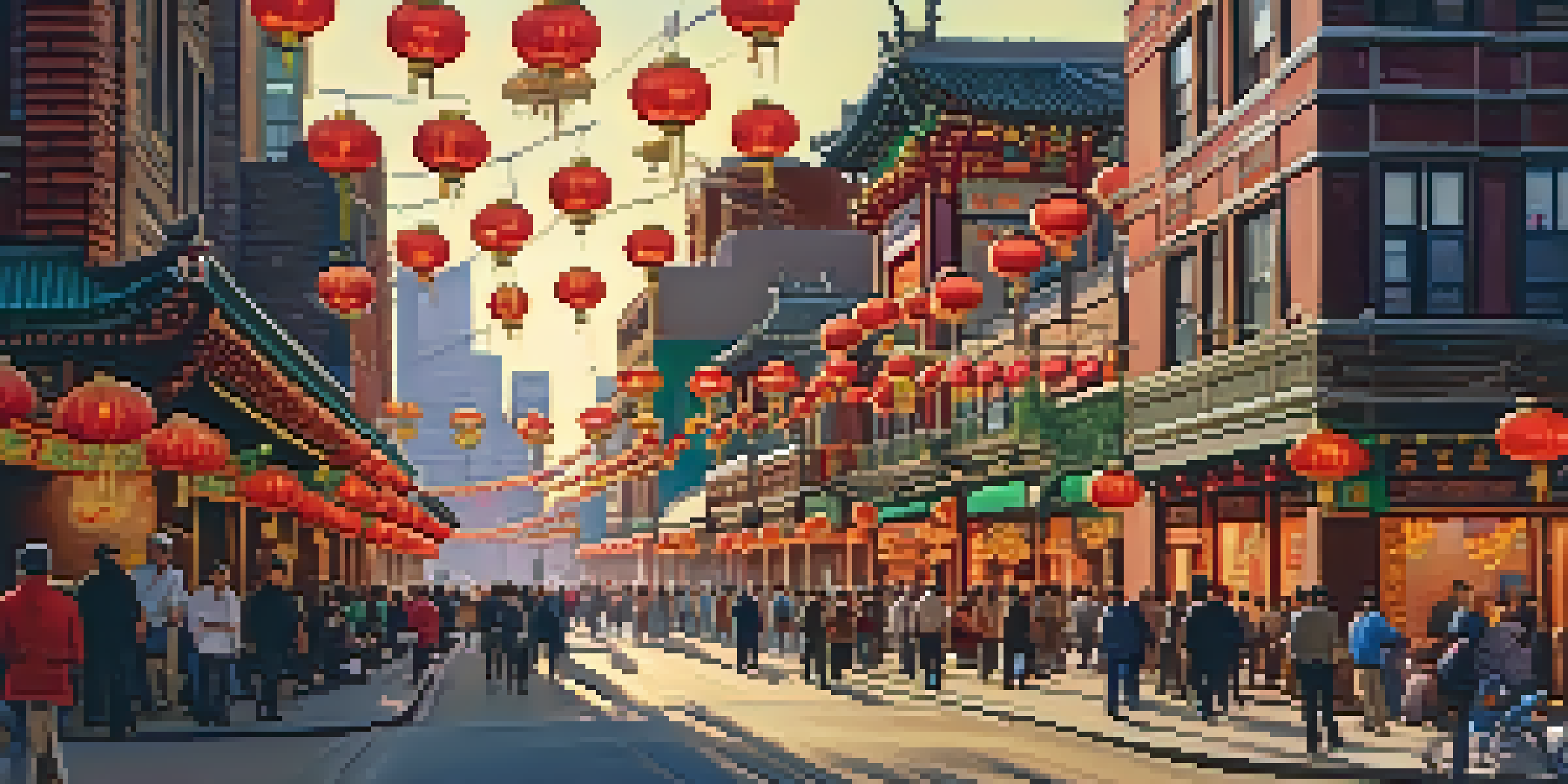 A busy street in Chicago's Chinatown featuring the beautiful Chinatown Gate, with people and colorful decorations around.