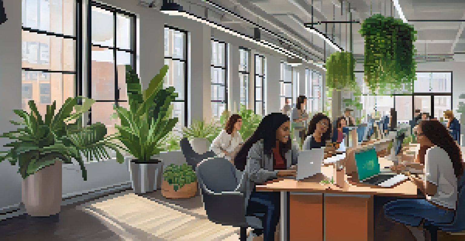 A bright startup office in Chicago with women collaborating on laptops in a modern workspace.